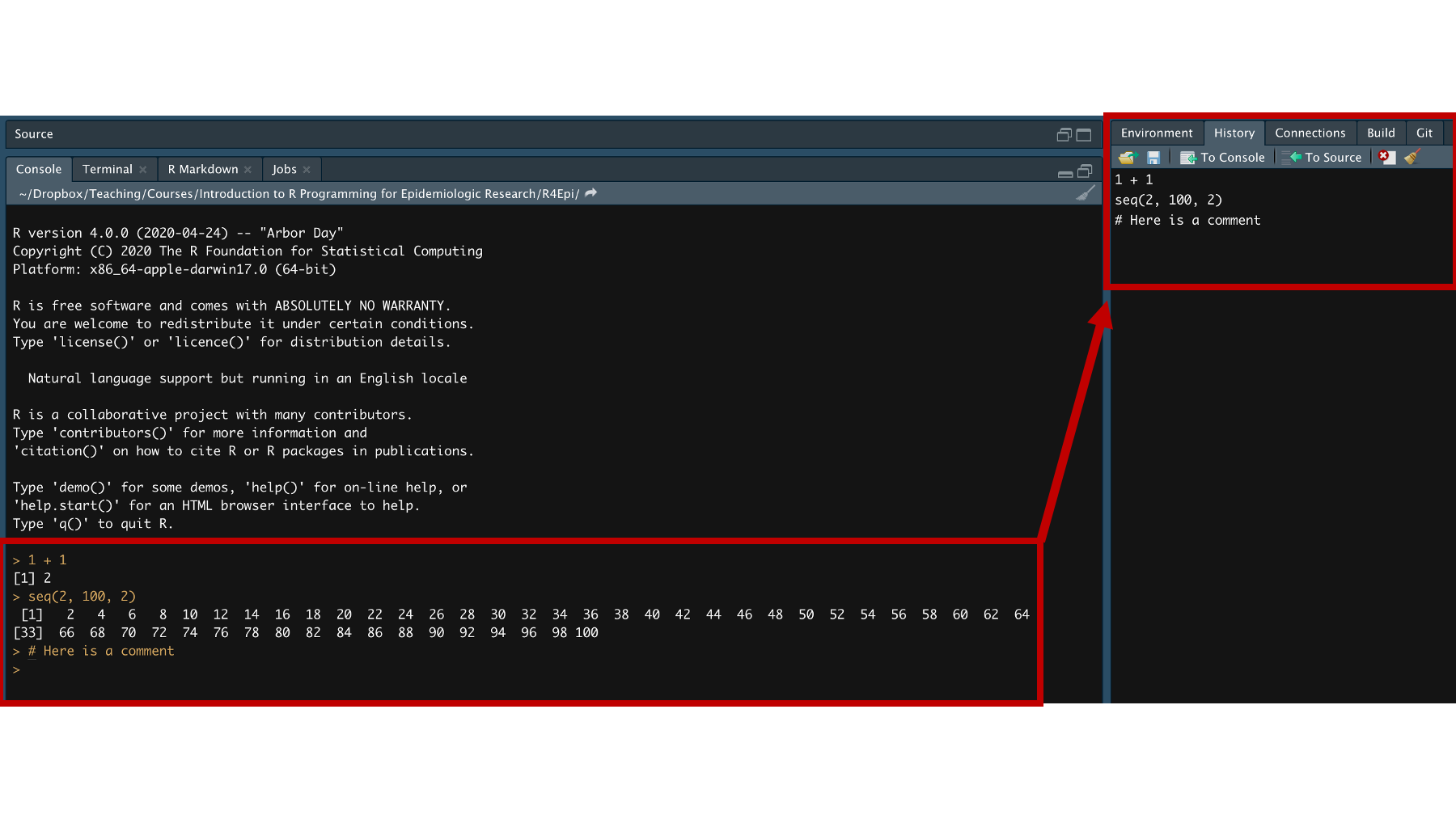 Console commands copied to the History pane.