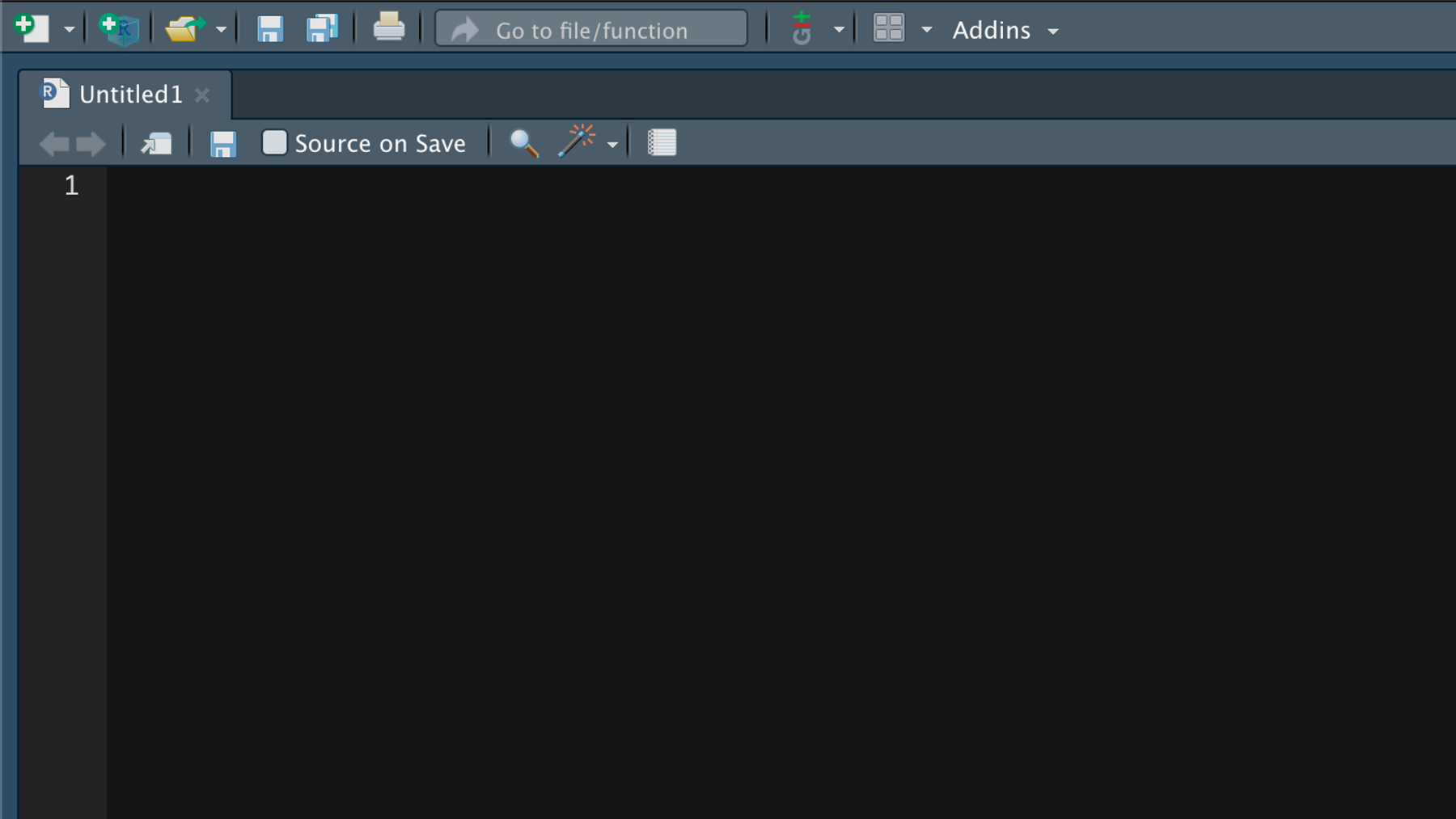 A blank R script in the source pane.