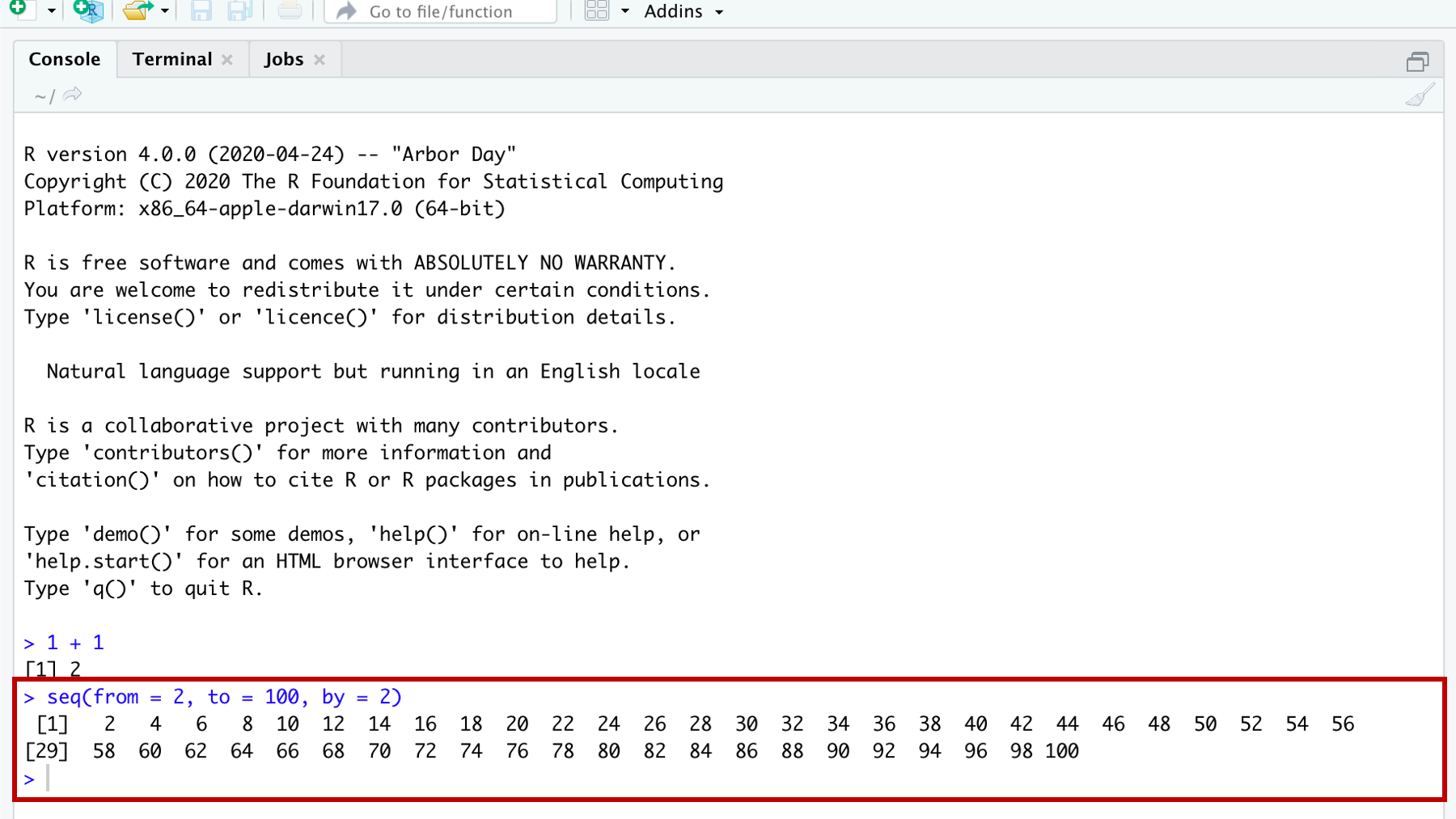 Submitting R code in the console.