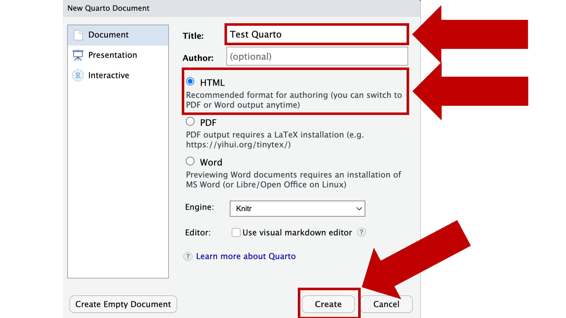 New Quarto document options.