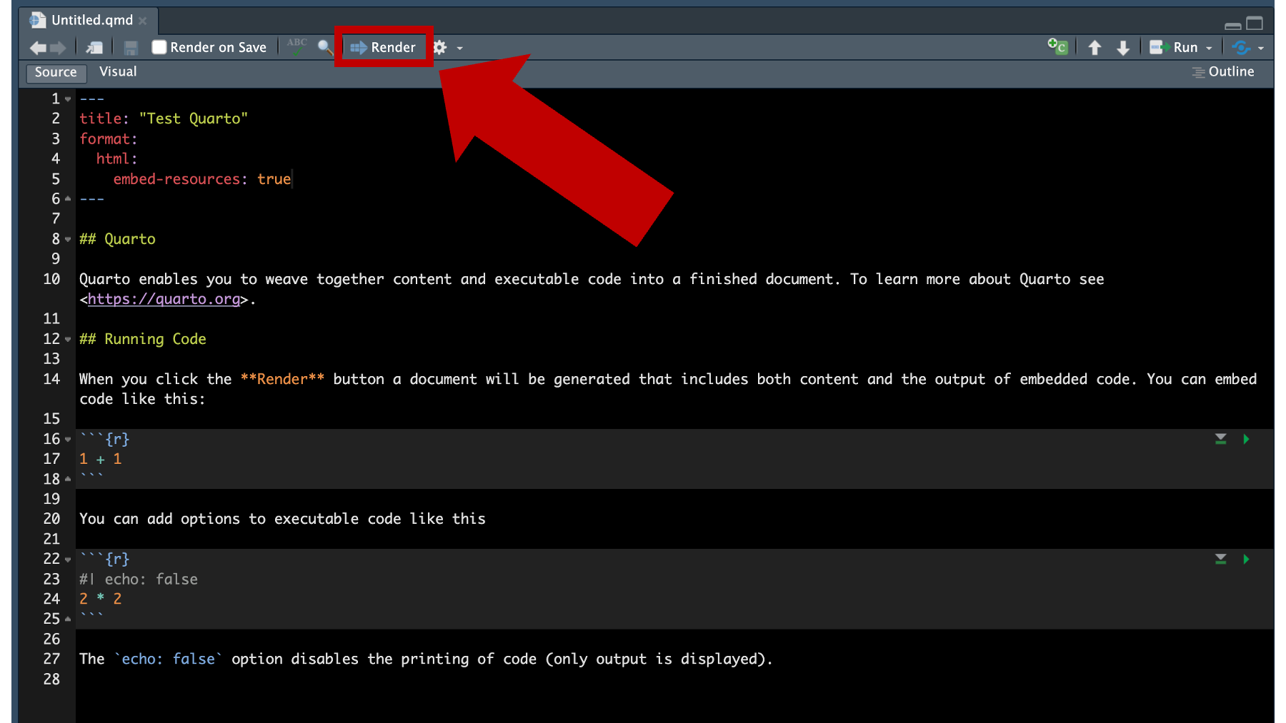 RStudio's render button. Only visible when a Quarto file is open.