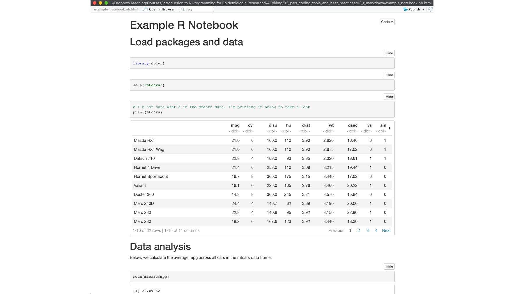 Preview of HTML file created from an R markdown file.