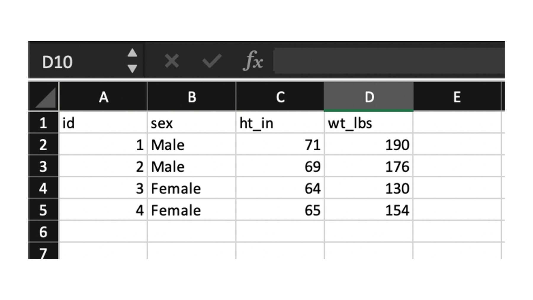 A csv file viewed in Microsoft Excel.